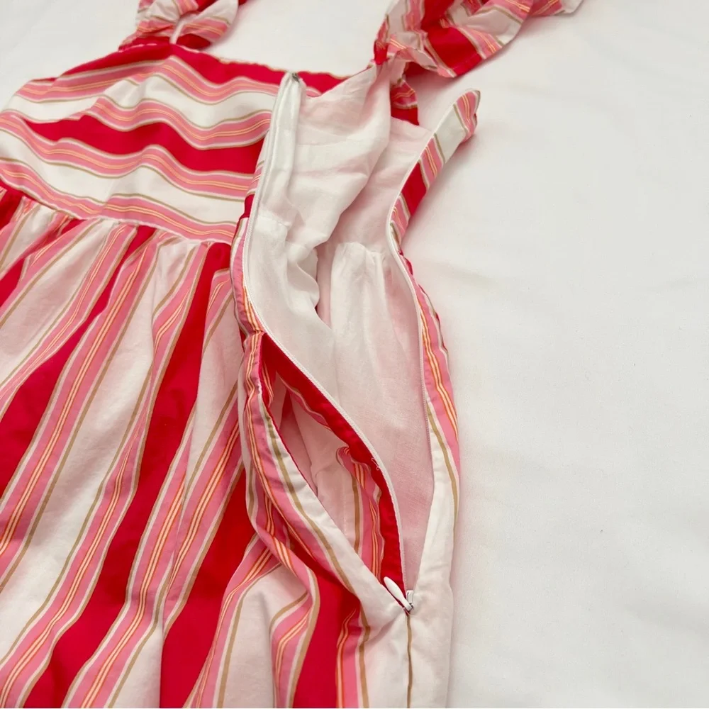 J. Crew Factory Pink White Striped Ruffle Feminine Midi Dress Women’s 12 Petite - Picture 6 of 13